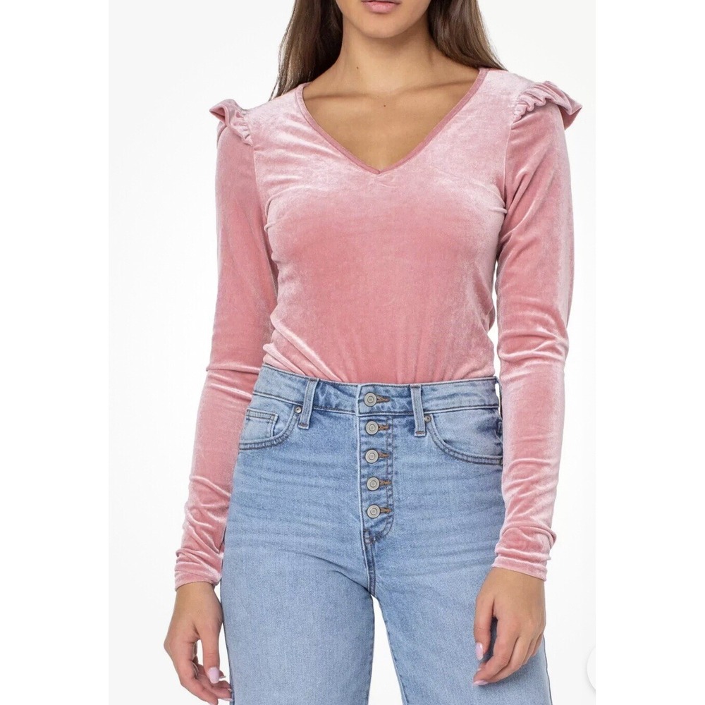 Celebrity Pink Women's  L Velvet Bodysuit‎ Lond Sleeve V Neck Elderberry Pink